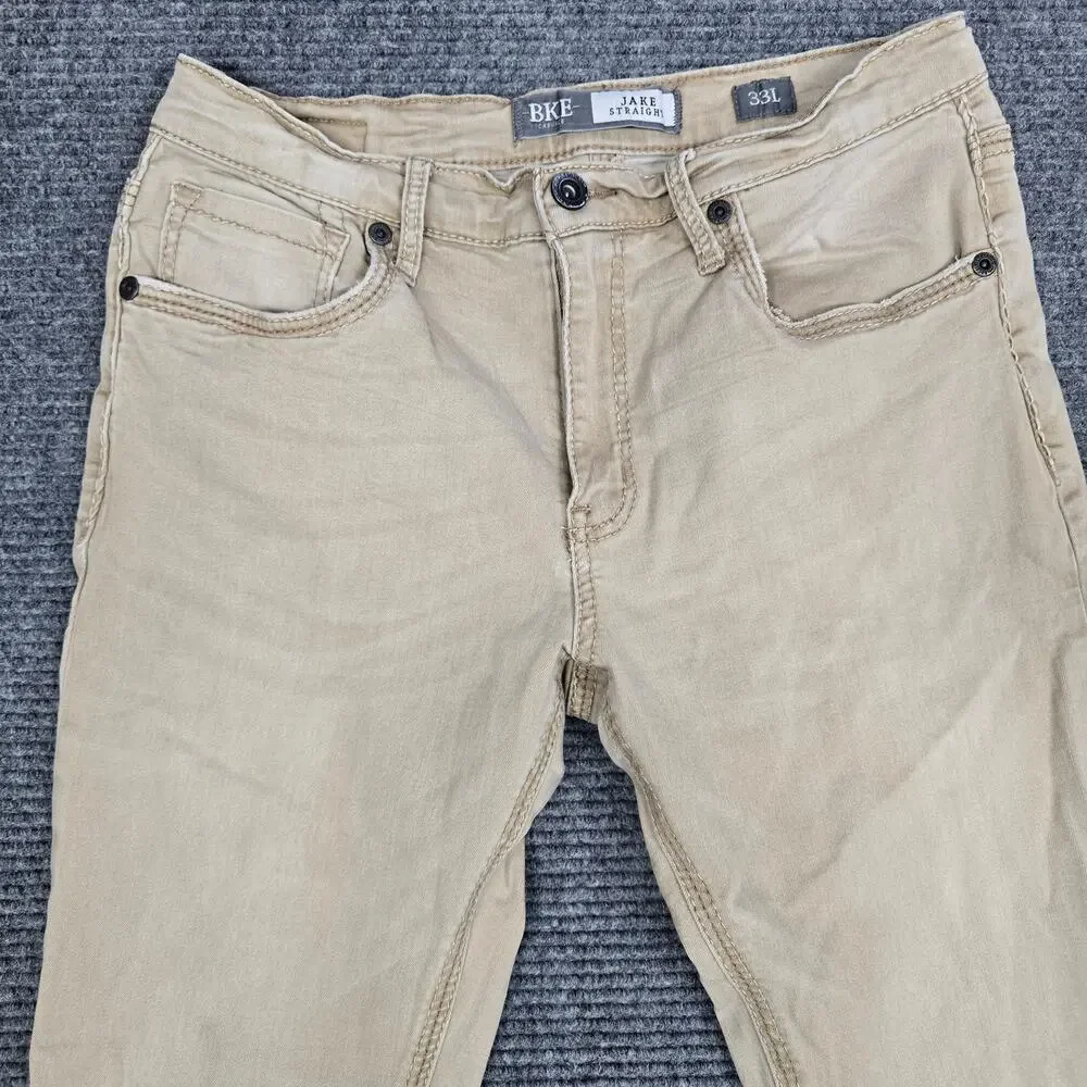 BKE Jake Straight Jeans Mens 33L Measure 32x32 Tan Khaki Straight Leg Buckle